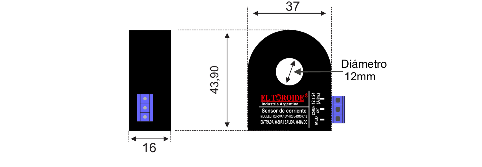 Plano de dimensiones del sensor RSEC-XXXA-10VDC-TRUE-RMS-D12, 37x43,90x16mm