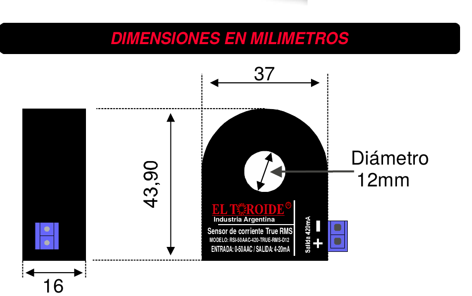Plano de dimensiones del sensor de corriente 4-20mA, 37x43,90x16mm
