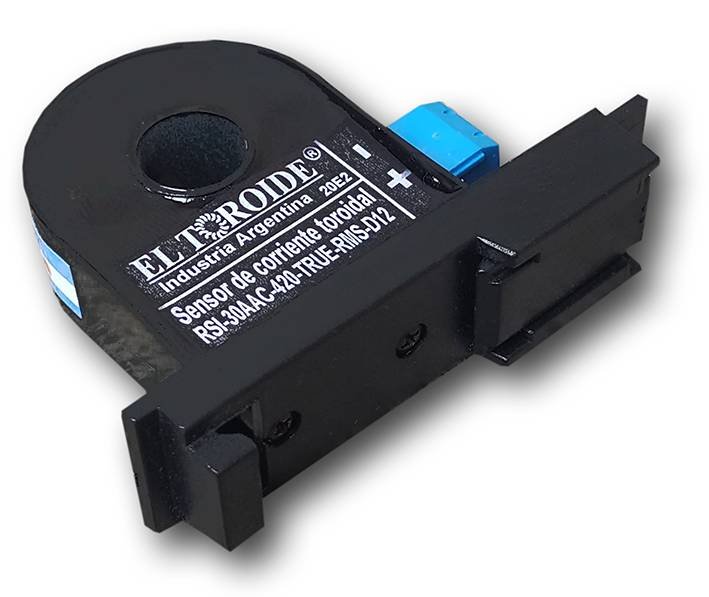 Sensor de corriente 4-20mA con soporte para riel DIN, vista angulada