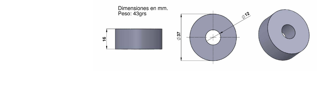 Plano de dimensiones del sensor RSR-1000, 37x16mm, agujero 12mm